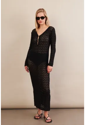 Kadın Siyah Aksesuarlı Triko Plaj Elbisesi KZ3237-90