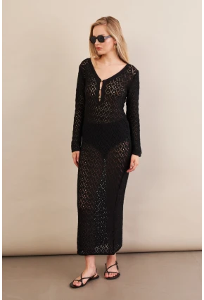 Kadın Siyah Aksesuarlı Triko Plaj Elbisesi KZ3237-90
