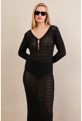 Kadın Siyah Aksesuarlı Triko Plaj Elbisesi KZ3237-90