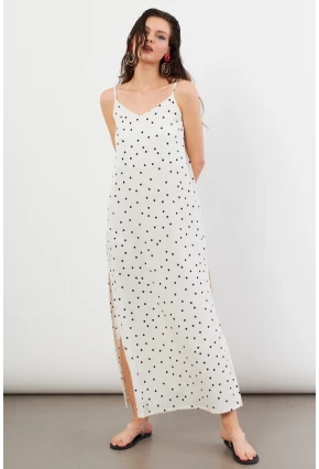 Kadın Ekru Askılı Puantiyeli Krinkıl Midi Elbise AYD413