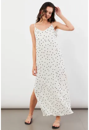 Kadın Ekru Askılı Puantiyeli Krinkıl Midi Elbise AYD413