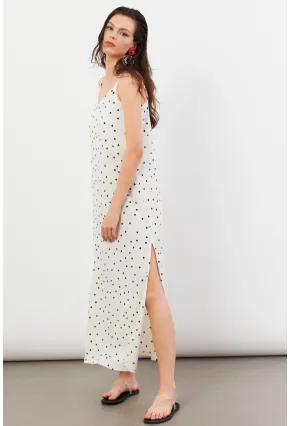 Kadın Ekru Askılı Puantiyeli Krinkıl Midi Elbise AYD413