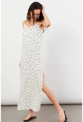 Kadın Ekru Askılı Puantiyeli Krinkıl Midi Elbise AYD413
