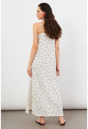 Kadın Ekru Askılı Puantiyeli Krinkıl Midi Elbise AYD413