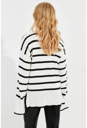 Kadın Ekru Balıkçı Yaka Çizgili Kazak Q976