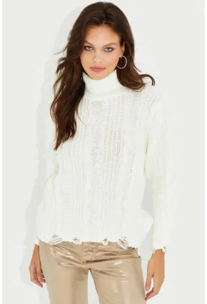 Kadın Ekru Balıkçı Yaka Püsküllü Triko Kazak KZ2471
