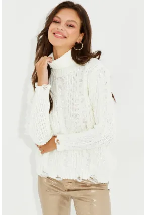 Kadın Ekru Balıkçı Yaka Püsküllü Triko Kazak KZ2471
