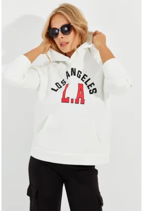 Kadın Ekru Baskılı Kapüşonlu Sweatshirt DA146