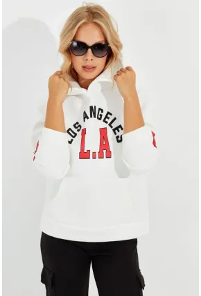 Kadın Ekru Baskılı Kapüşonlu Sweatshirt DA146