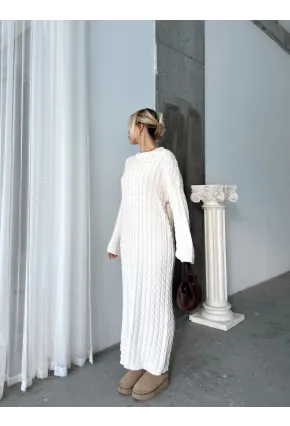 Kadın Ekru Bisiklet Yaka Saç Örgülü Kadın Triko Midi Elbise
