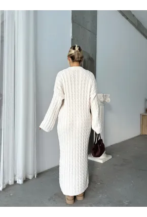 Kadın Ekru Bisiklet Yaka Saç Örgülü Kadın Triko Midi Elbise