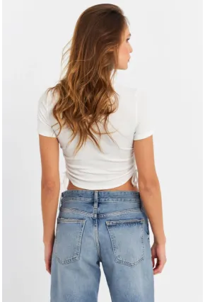 Kadın Ekru Büzgülü Crop Bluz ANT103