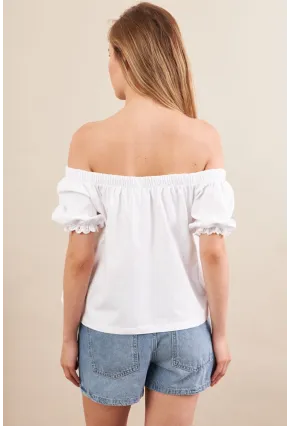 Kadın Ekru Carmen Yaka Balon Kol Bluz SAN106