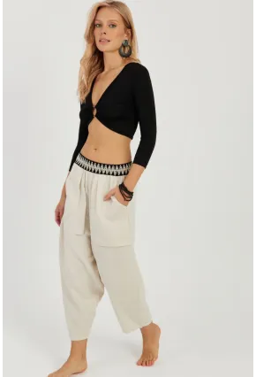 Kadın Ekru Cepli Şalvar Pantolon ÖM1203