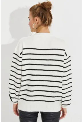 Kadın Ekru Çizgili Triko Kazak SMT219