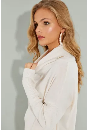 Kadın Ekru Degaje Yaka Cepli Triko Kazak YZ519