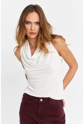 Kadın Ekru Degaje Yaka Kolsuz Bluz LPP1226-90