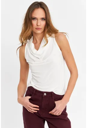 Kadın Ekru Degaje Yaka Kolsuz Bluz LPP1226-90