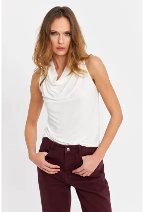 Kadın Ekru Degaje Yaka Kolsuz Bluz LPP1226-90