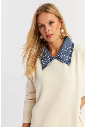 Kadın Ekru Denim Yakalı İncili Alt Üst Triko Takım NUV22