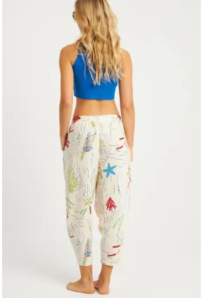 Kadın Ekru Desenli Keten Şalvar Pantolon K1253