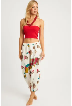 Kadın Ekru-Fuşya Desenli Keten Şalvar Pantolon K1253