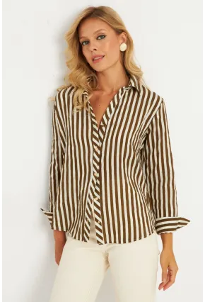 Kadın Ekru-Haki Çizgili Gömlek KED709
