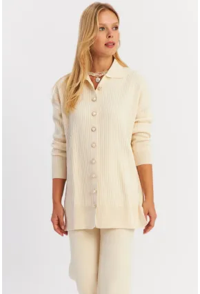 Kadın Ekru İnci Düğmeli Hırka Triko Alt Üst Takım MNUV26