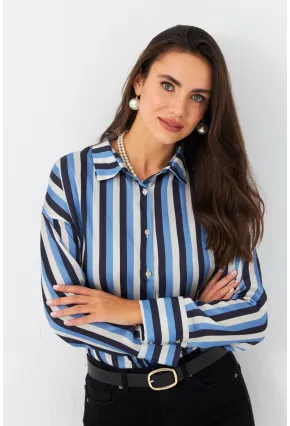 Kadın Ekru-İndigo Desenli Saten Gömlek MSHR500