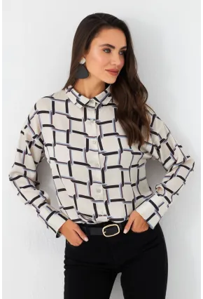 Kadın Ekru-Kahve Desenli Saten Gömlek MSHR500