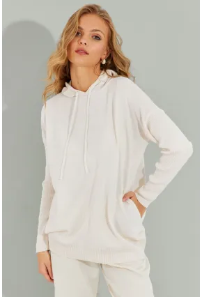 Kadın Ekru Kapüşonlu Cepli Triko Kazak YZ520
