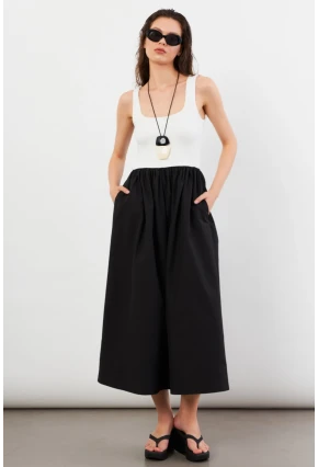 Kadın Ekru Kare Yaka Paraşüt Midi Elbise İRE1460