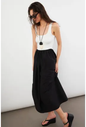 Kadın Ekru Kare Yaka Paraşüt Midi Elbise İRE1460