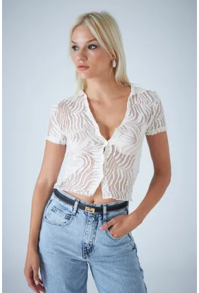 Kadın Ekru Kendinden Desenli Düğmeli Bluz EV115