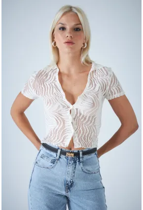 Kadın Ekru Kendinden Desenli Düğmeli Bluz EV115