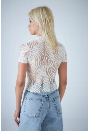 Kadın Ekru Kendinden Desenli Düğmeli Bluz EV115