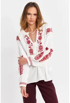 Kadın Ekru-Kiremit Nakışlı Bluz MQS5816