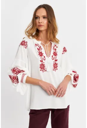 Kadın Ekru-Kiremit Nakışlı Bluz MQS5816