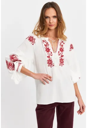 Kadın Ekru-Kiremit Nakışlı Bluz MQS5816