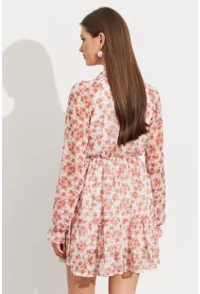 Kadın Ekru-Kırmızı Desenli Şifon Mini Elbise ROP107