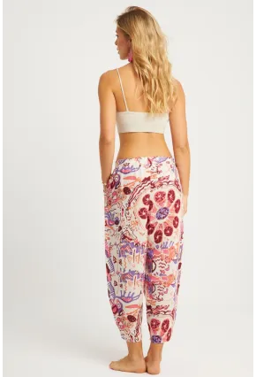 Kadın Ekru-Lila Desenli Keten Şalvar Pantolon K1253