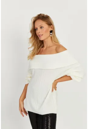 Kadın Ekru Madonna Yaka Triko Kazak KZ2506