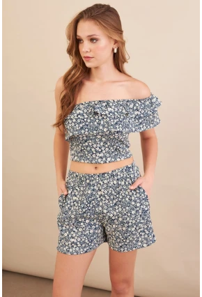 Kadın Ekru-Mavi Desenli Crop Şort Takım EV100