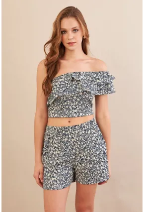 Kadın Ekru-Mavi Desenli Crop Şort Takım EV100