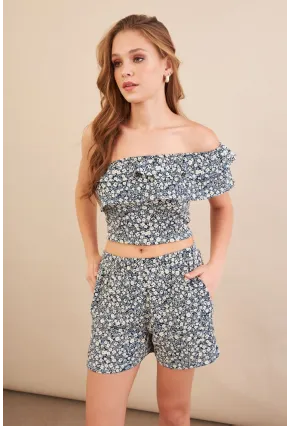 Kadın Ekru-Mavi Desenli Crop Şort Takım EV100