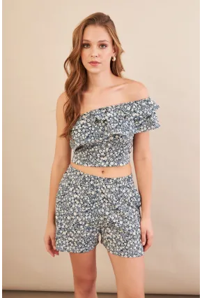 Kadın Ekru-Mavi Desenli Crop Şort Takım EV100