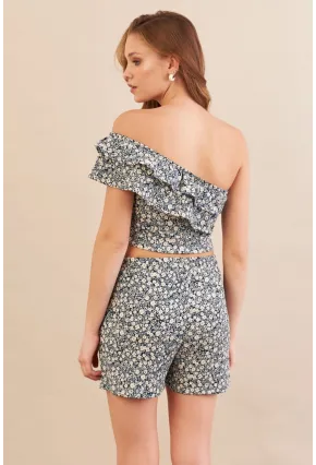 Kadın Ekru-Mavi Desenli Crop Şort Takım EV100