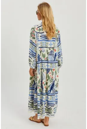 Kadın Ekru-Mavi Desenli Salaş Maxi Elbise GÇ166