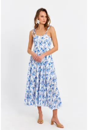 Kadın Ekru-Mavi İp Askılı Çiçekli Midi Elbise ERL10013