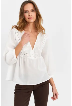 Kadın Ekru Nakış  Detaylı Bluz MQS5837